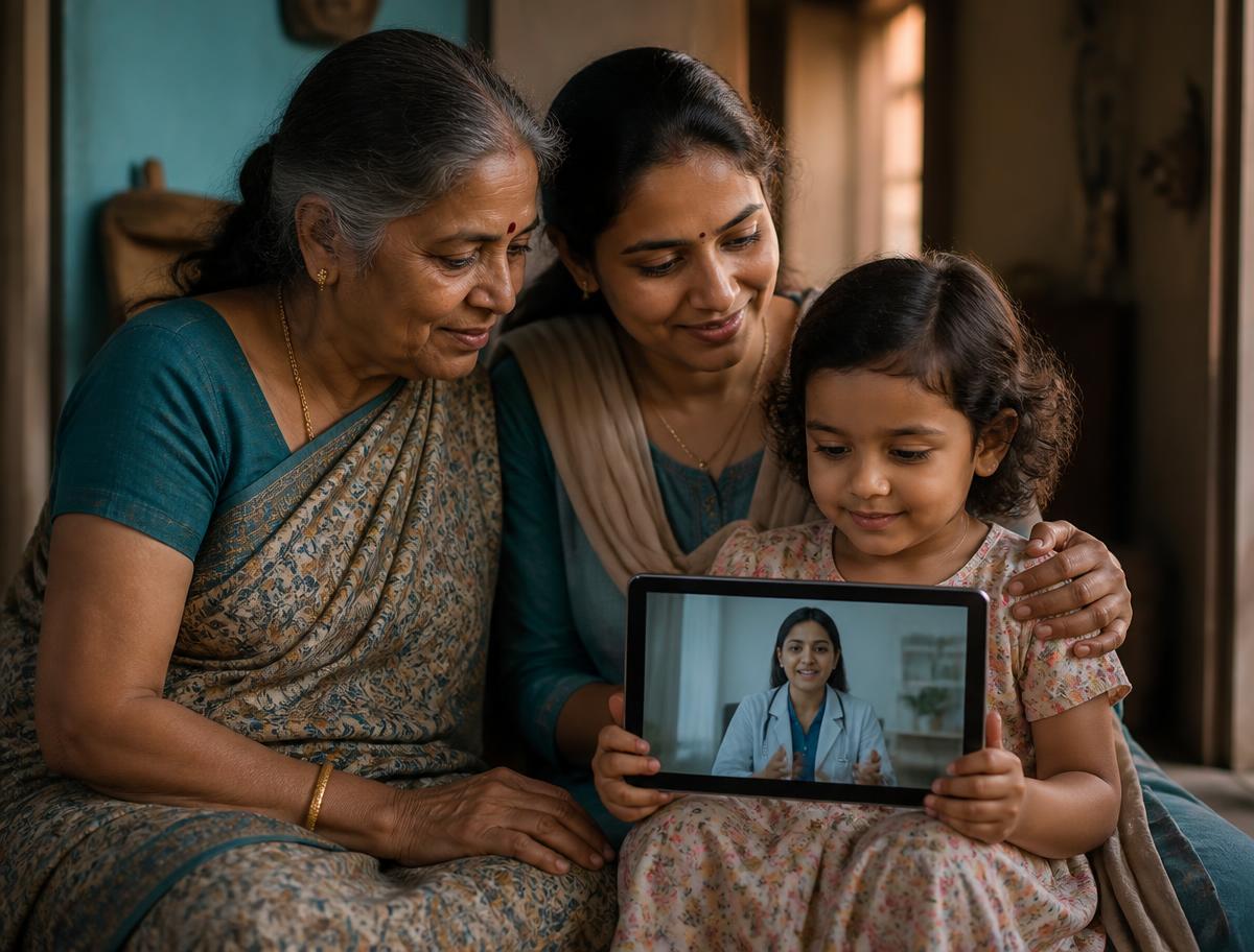 An Indian family consulting a doctor together on a tablet at home