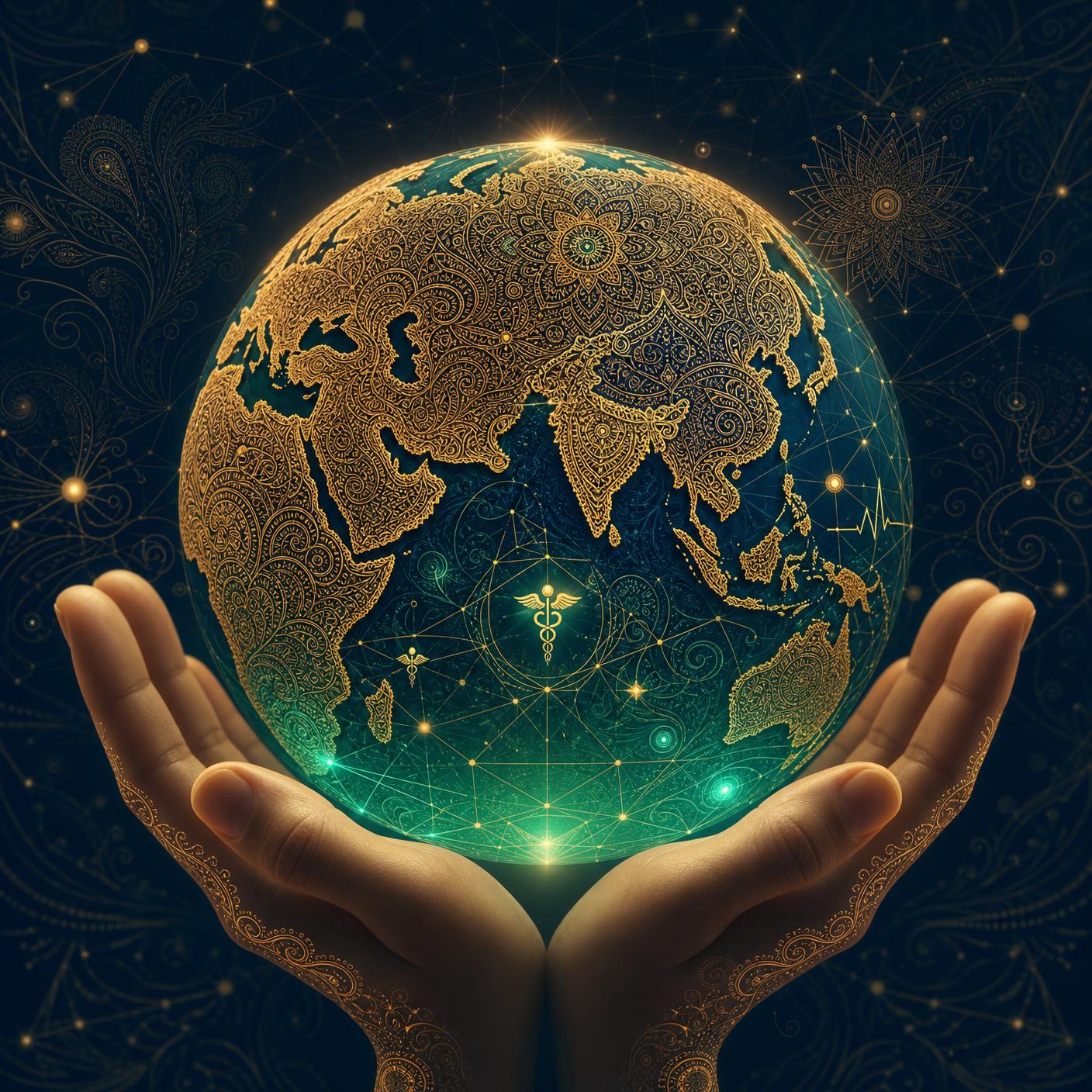 Globe crafted in Indian gold filigree held in open hands, symbolising G-One Sathi